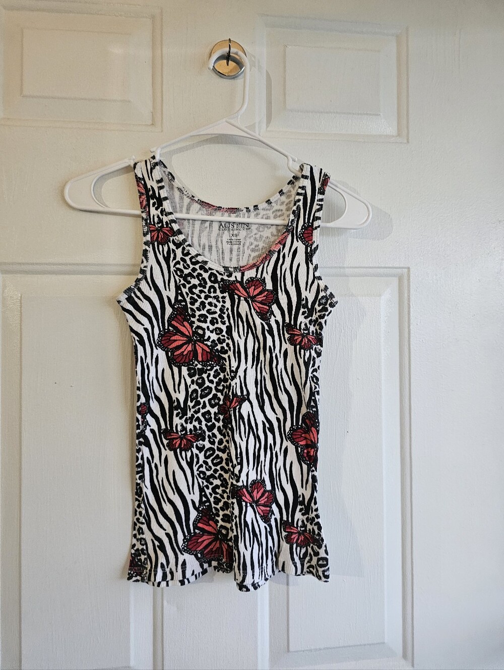 Austin Clothing Co. White Tank with Zebra, Leopard & Pink Butterfly Print